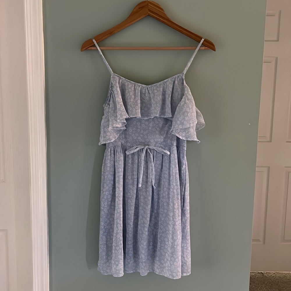 ABERCROMBIE Sheer Blue White Floral Off Shoulder Mini Dress Smocked Back Size S